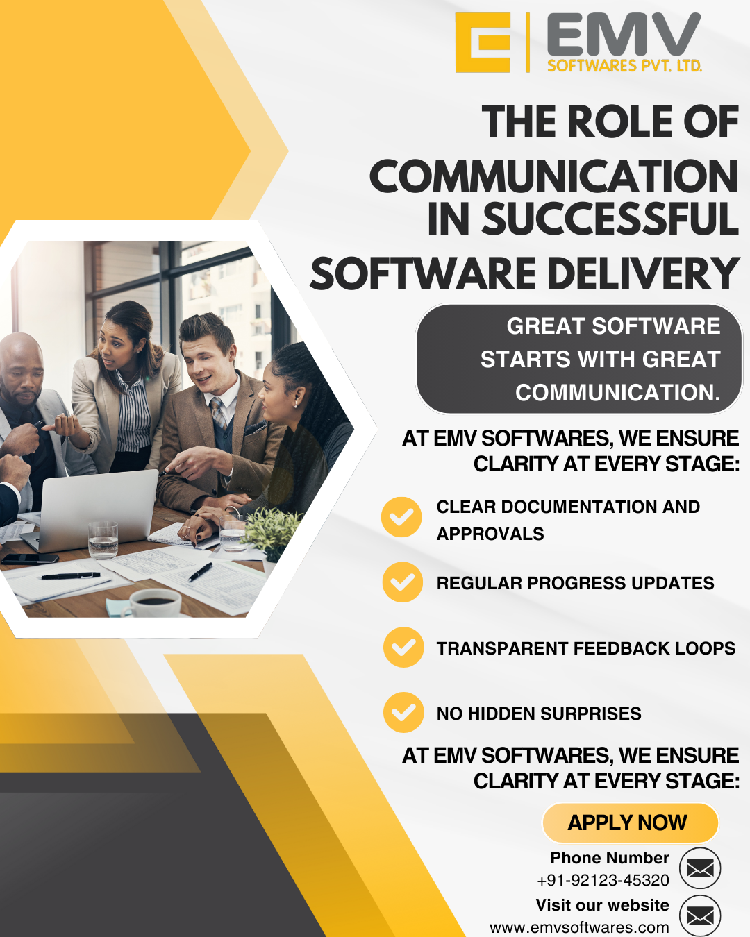 A professional consultant listening to a client to define project requirements, representing EMV's collaborative inception process.